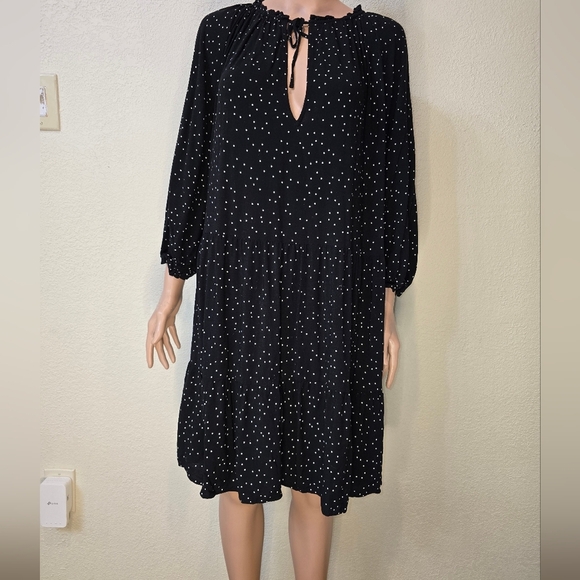 H&M Black Polka Dot Spotted Dress Xl Black Long Sleeve V Neck - Picture 9 of 13